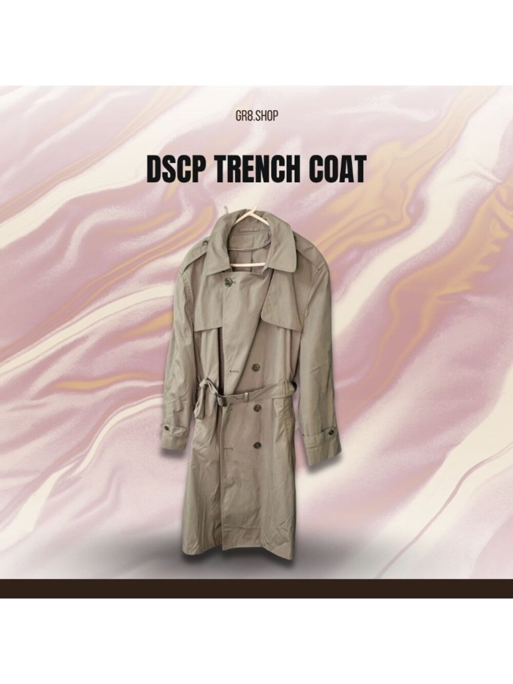 DSCP Khaki Double-Breasted Trench Coat With Belted Waist & Epaulets